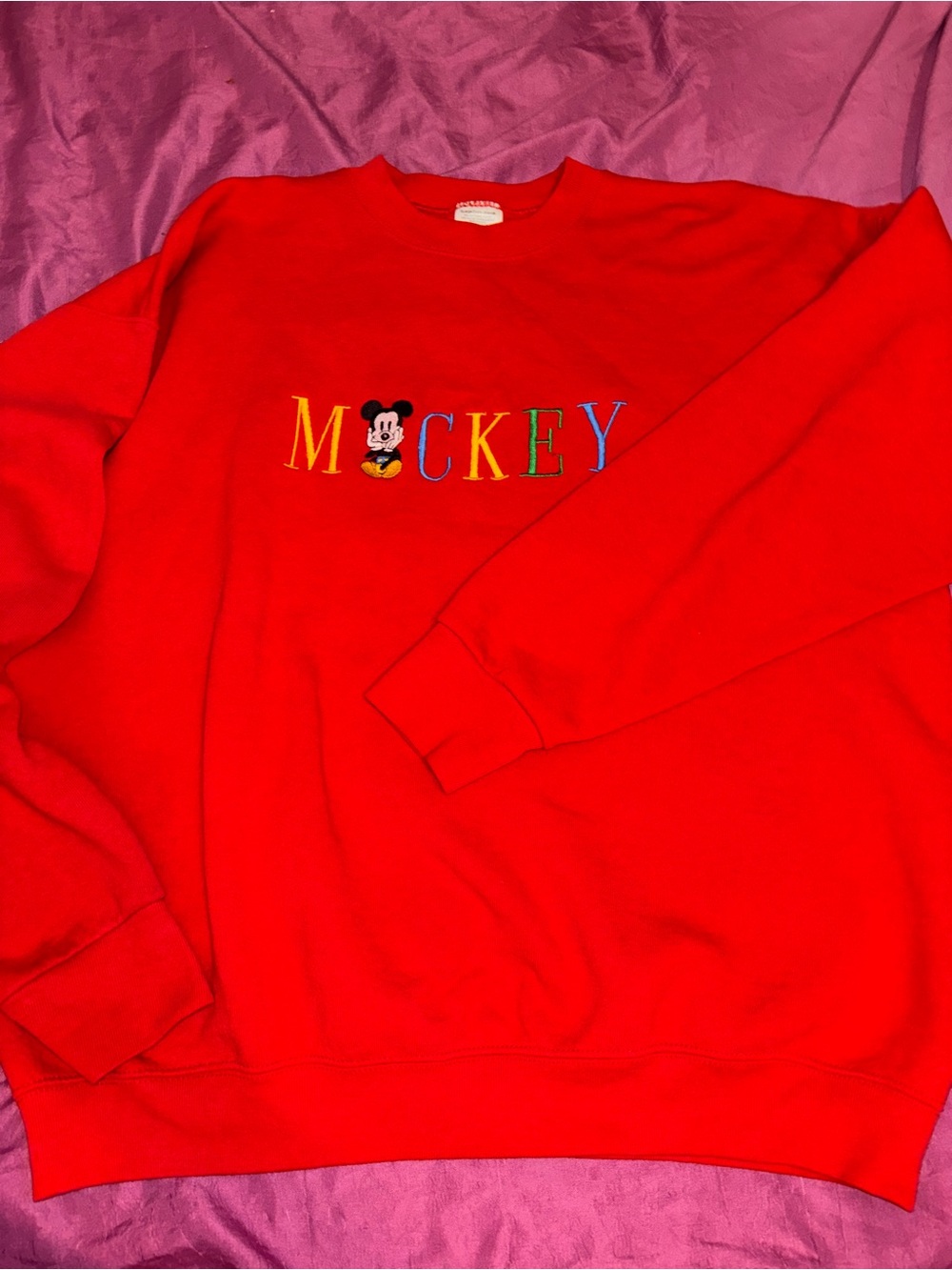 Disney Red Crewneck Sweatshirt with Multicolor Mickey Embroidery